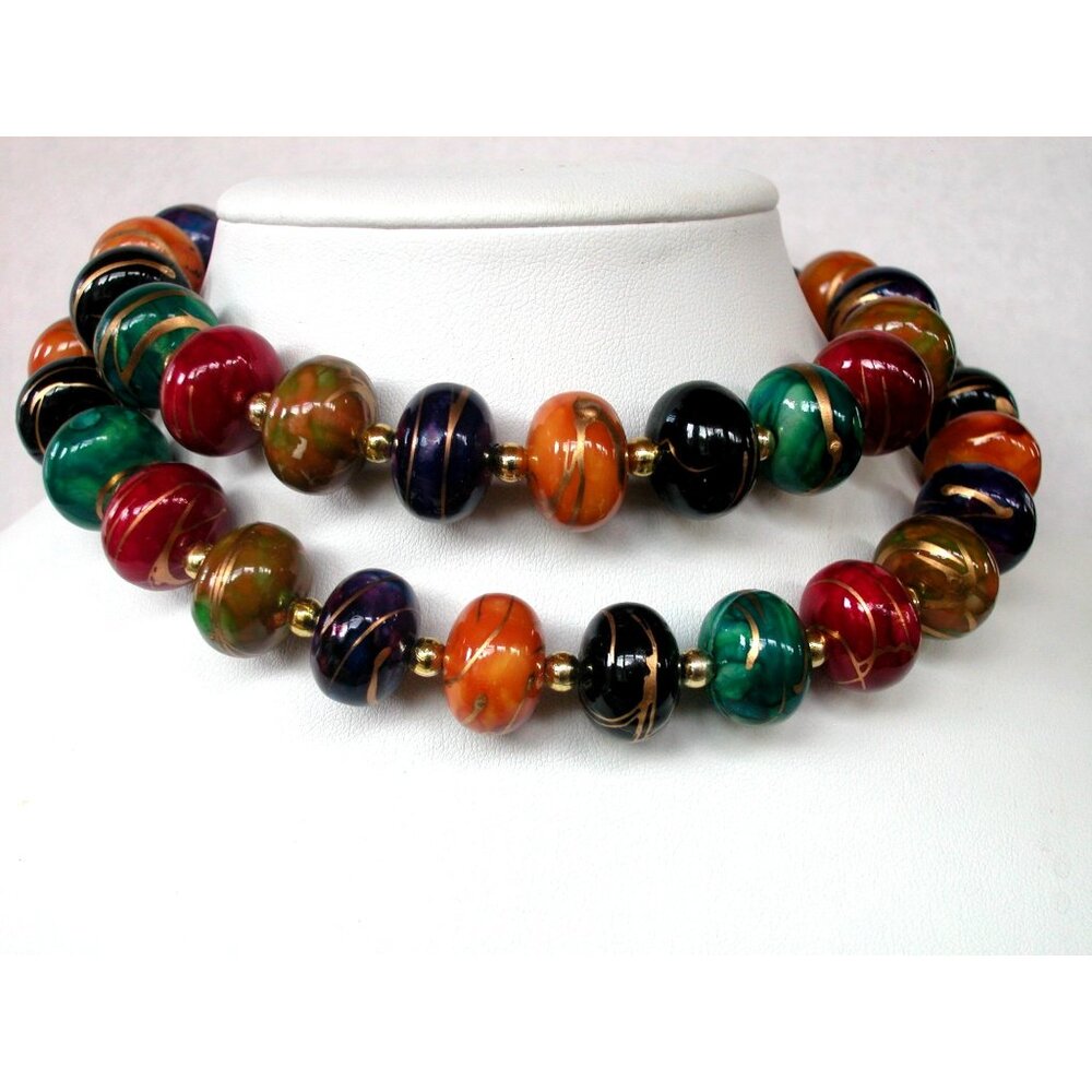 Vintage Multicolor Art Glass Beaded Necklace With Gold Tone Accents 28"